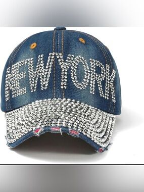 Denim Rhinestone Accent New York Bling Distressed Baseball Cap - Blue